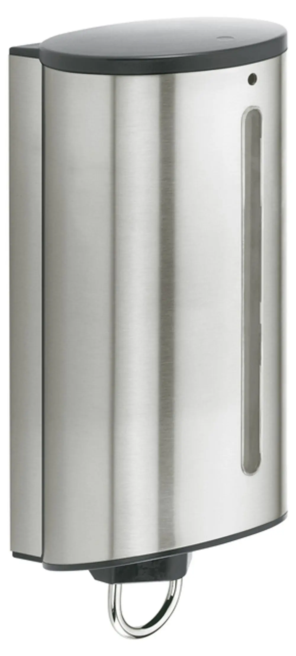 Wandmontierter, metallischer Behälter mit schmaler Öffnung. Konstruktion aus Edelstahl, geeignet für Keuco Produkte.